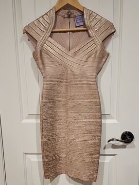 Herve Leger Metallic Blush Bandage V-Neck Midi Dress